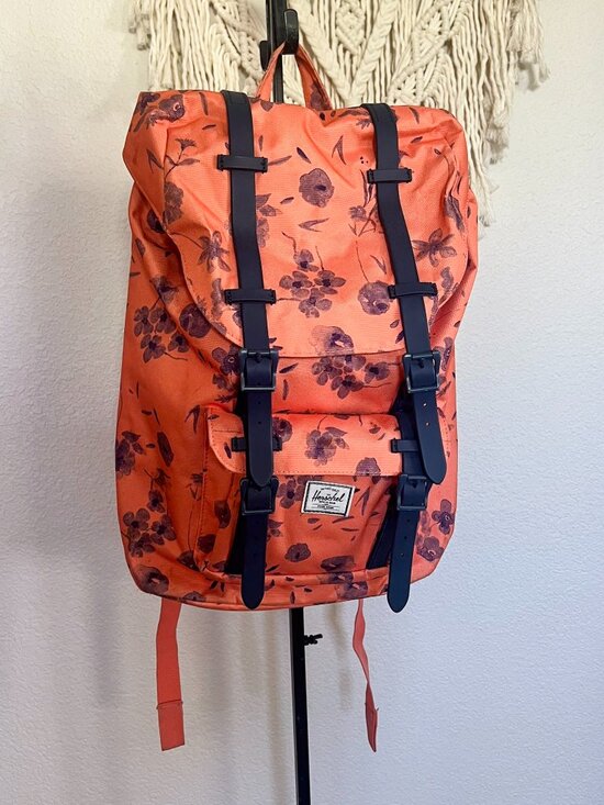 Herschel Little America Backpack Floral Orange Black Straps Laptop Travel main image 6